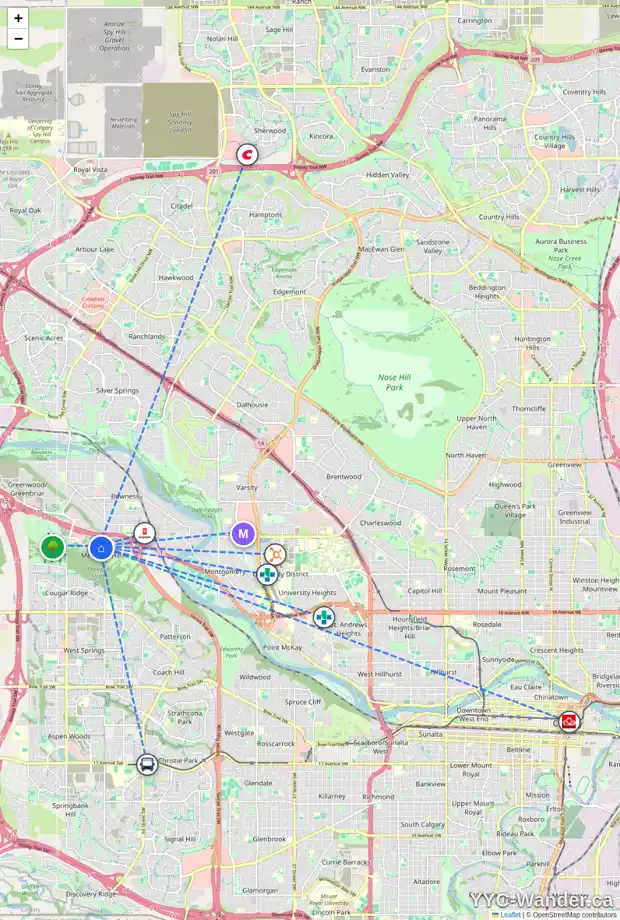 Daily accessibility map for 50 1453 NA'A DR SW, Calgary showing nearby schools, grocery stores, parks, LRT stations and nearby amenities