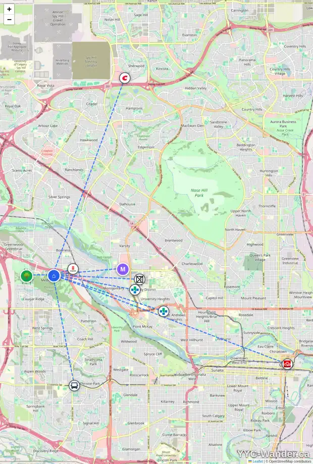 Daily accessibility map for 25 1453 NA'A DR SW, Calgary showing nearby schools, grocery stores, parks, LRT stations and nearby amenities