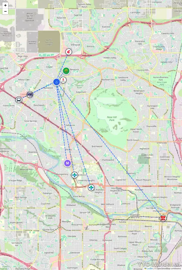 Daily accessibility map for 186 HAWKTREE GR NW, Calgary showing nearby schools, grocery stores, parks, LRT stations and nearby amenities