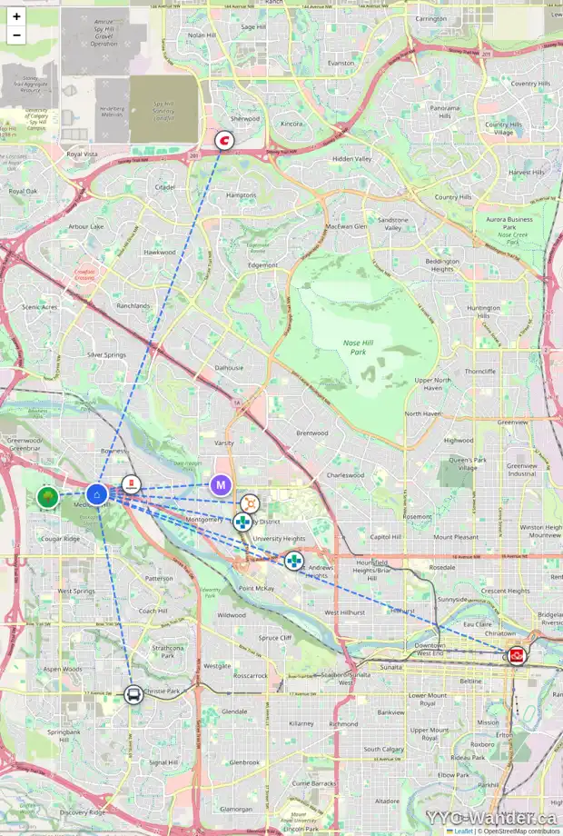 Daily accessibility map for 11 1453 NA'A DR SW, Calgary showing nearby schools, grocery stores, parks, LRT stations and nearby amenities