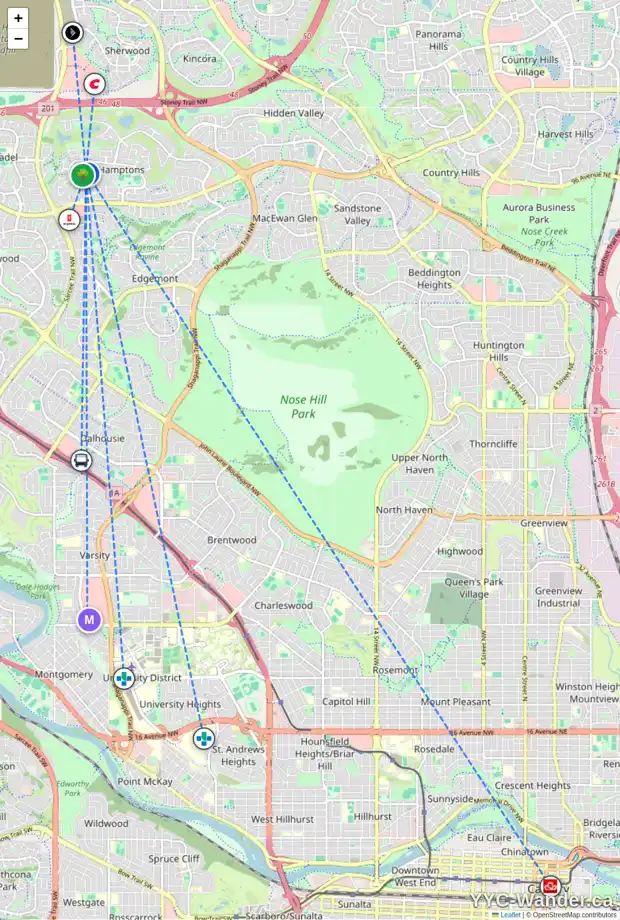 Daily accessibility map for 545 HAMPTONS ME NW, Calgary showing nearby schools, grocery stores, parks, LRT stations and nearby amenities