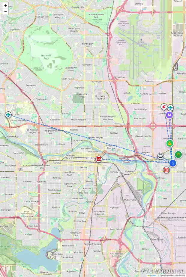 Daily accessibility map for 1111 36 ST SE, Calgary showing nearby schools, grocery stores, parks, LRT stations and nearby amenities