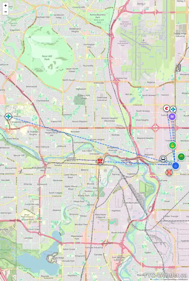 Daily accessibility map for 1113 36 ST SE, Calgary showing nearby schools, grocery stores, parks, LRT stations and nearby amenities