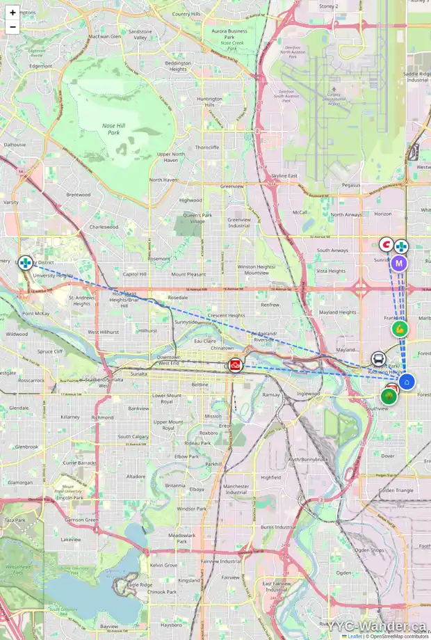 Daily accessibility map for 1319 36 ST SE, Calgary showing nearby schools, grocery stores, parks, LRT stations and nearby amenities