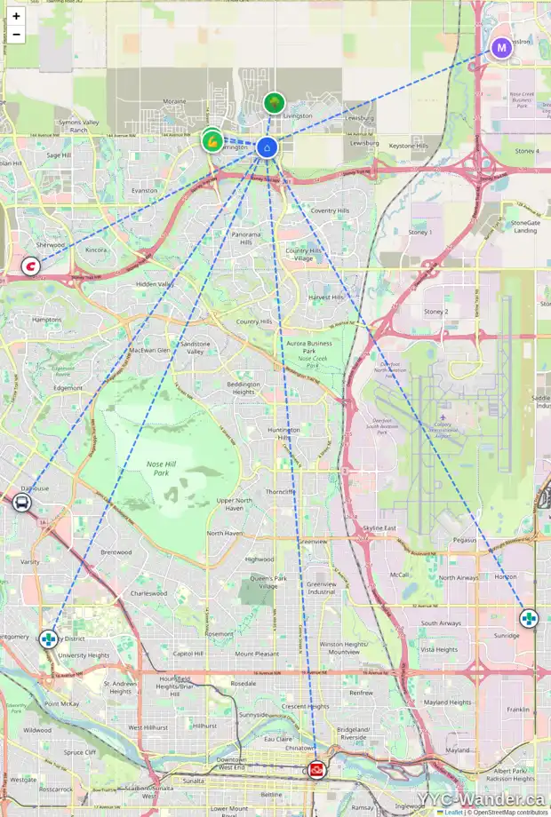 Daily accessibility map for 402 14225 1 ST NW, Calgary showing nearby schools, grocery stores, parks, LRT stations and nearby amenities