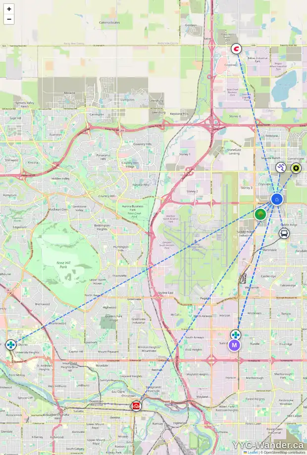 Daily accessibility map for 16 CITYLINE MR NE, Calgary showing nearby schools, grocery stores, parks, LRT stations and nearby amenities