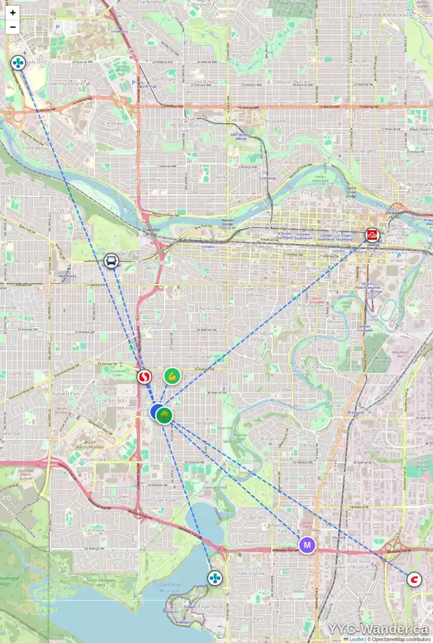 Daily accessibility map for 1 10 ST JULIEN DR SW, Calgary showing nearby schools, grocery stores, parks, LRT stations and nearby amenities