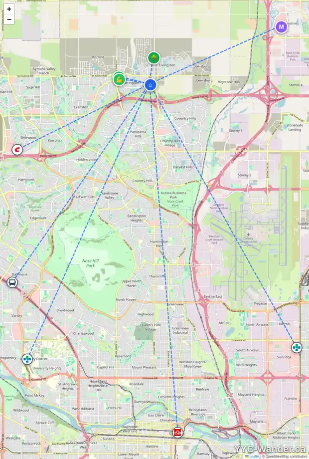 Daily accessibility map for 701 14225 1 ST NW, Calgary showing nearby schools, grocery stores, parks, LRT stations and nearby amenities