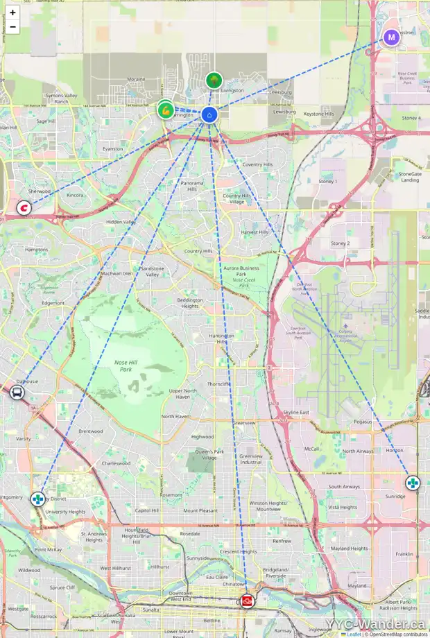 Daily accessibility map for 305 14225 1 ST NW, Calgary showing nearby schools, grocery stores, parks, LRT stations and nearby amenities