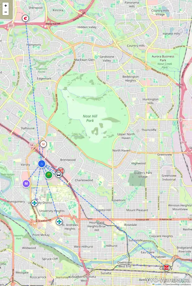 Daily accessibility map for 4416 39 ST NW, Calgary showing nearby schools, grocery stores, parks, LRT stations and nearby amenities