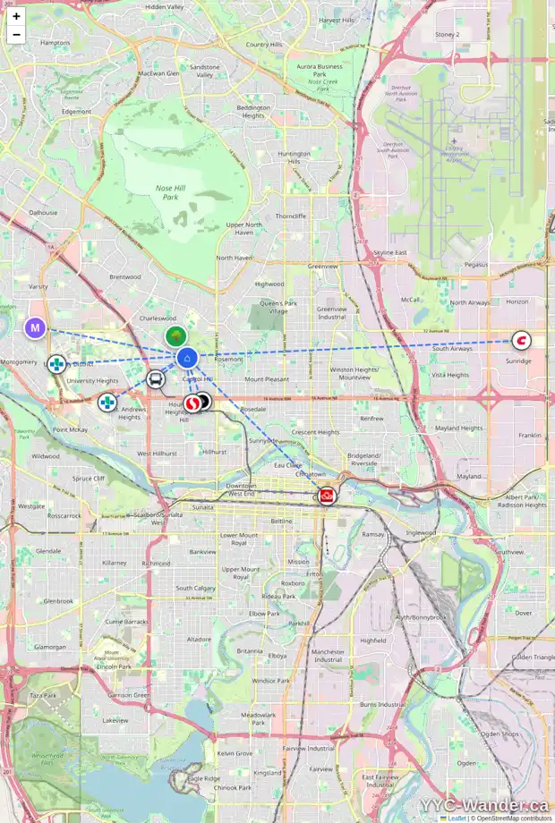 Daily accessibility map for 2713 18 ST NW, Calgary showing nearby schools, grocery stores, parks, LRT stations and nearby amenities