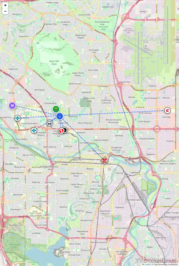 Daily accessibility map for 2711 18 ST NW, Calgary showing nearby schools, grocery stores, parks, LRT stations and nearby amenities