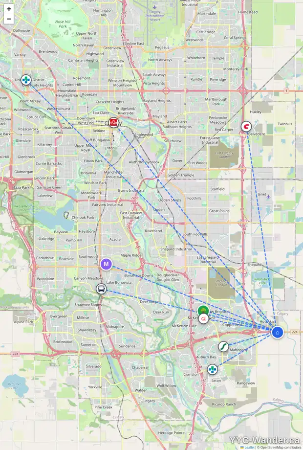 Daily accessibility map for 224 SORA TC SE, Calgary showing nearby schools, grocery stores, parks, LRT stations and nearby amenities