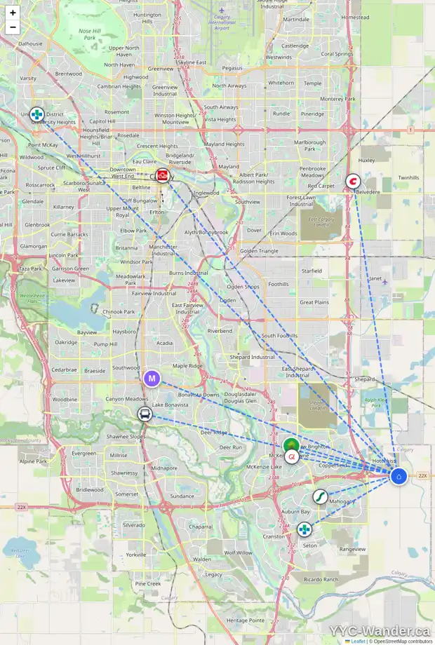 Daily accessibility map for 204 SORA TC SE, Calgary showing nearby schools, grocery stores, parks, LRT stations and nearby amenities