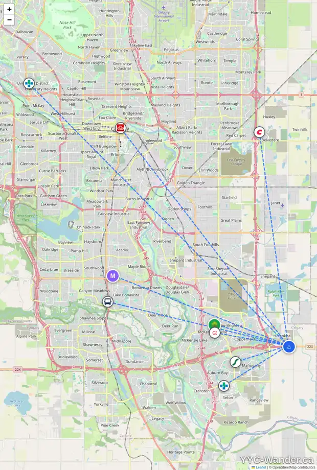 Daily accessibility map for 324 SORA TC SE, Calgary showing nearby schools, grocery stores, parks, LRT stations and nearby amenities