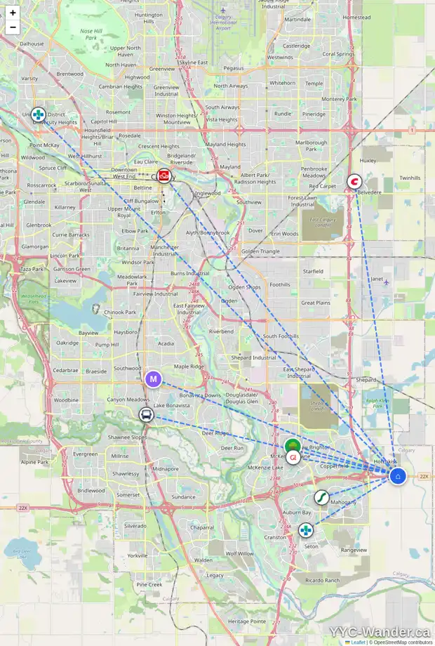 Daily accessibility map for 259 SORA TC SE, Calgary showing nearby schools, grocery stores, parks, LRT stations and nearby amenities