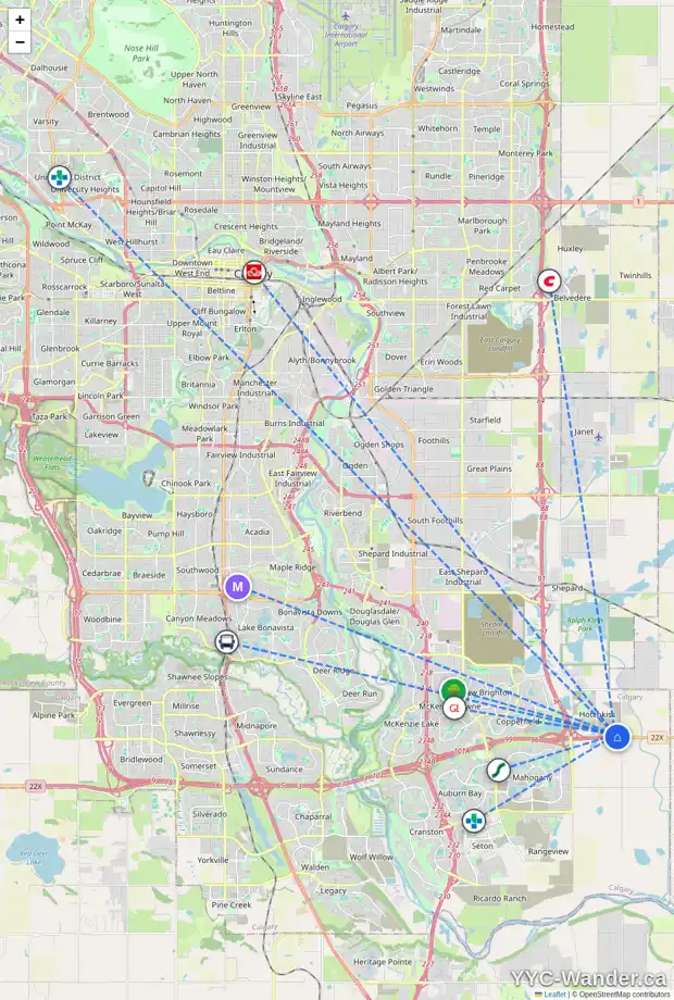 Daily accessibility map for 251 SORA TC SE, Calgary showing nearby schools, grocery stores, parks, LRT stations and nearby amenities