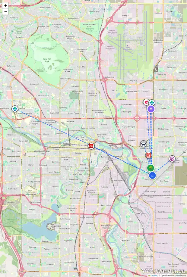 Daily accessibility map for 3432 33A AV SE, Calgary showing nearby schools, grocery stores, parks, LRT stations and nearby amenities