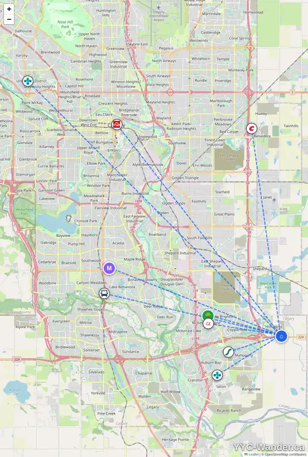 Daily accessibility map for 524 SORA BV SE, Calgary showing nearby schools, grocery stores, parks, LRT stations and nearby amenities