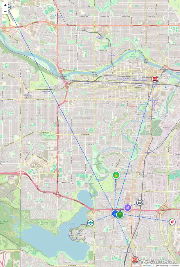 Daily accessibility map for 913 67 AV SW, Calgary showing nearby schools, grocery stores, parks, LRT stations and nearby amenities