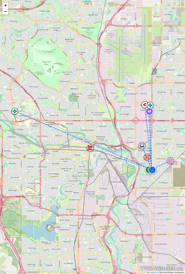 Daily accessibility map for 3647 27 AV SE, Calgary showing nearby schools, grocery stores, parks, LRT stations and nearby amenities