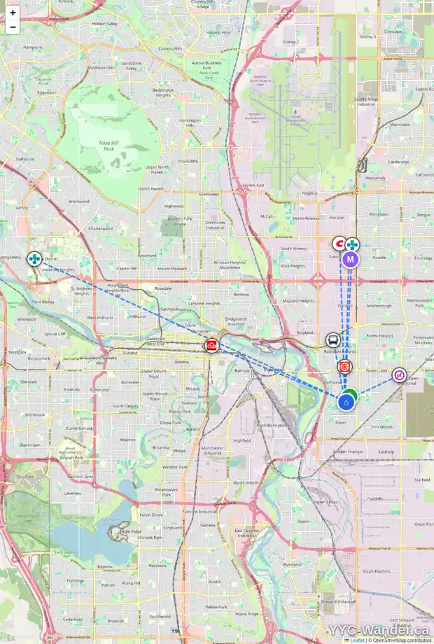 Daily accessibility map for 3035 31A ST SE, Calgary showing nearby schools, grocery stores, parks, LRT stations and nearby amenities