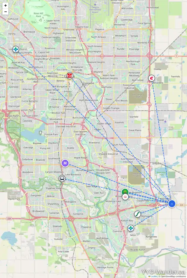 Daily accessibility map for 96 SORA TC SE, Calgary showing nearby schools, grocery stores, parks, LRT stations and nearby amenities