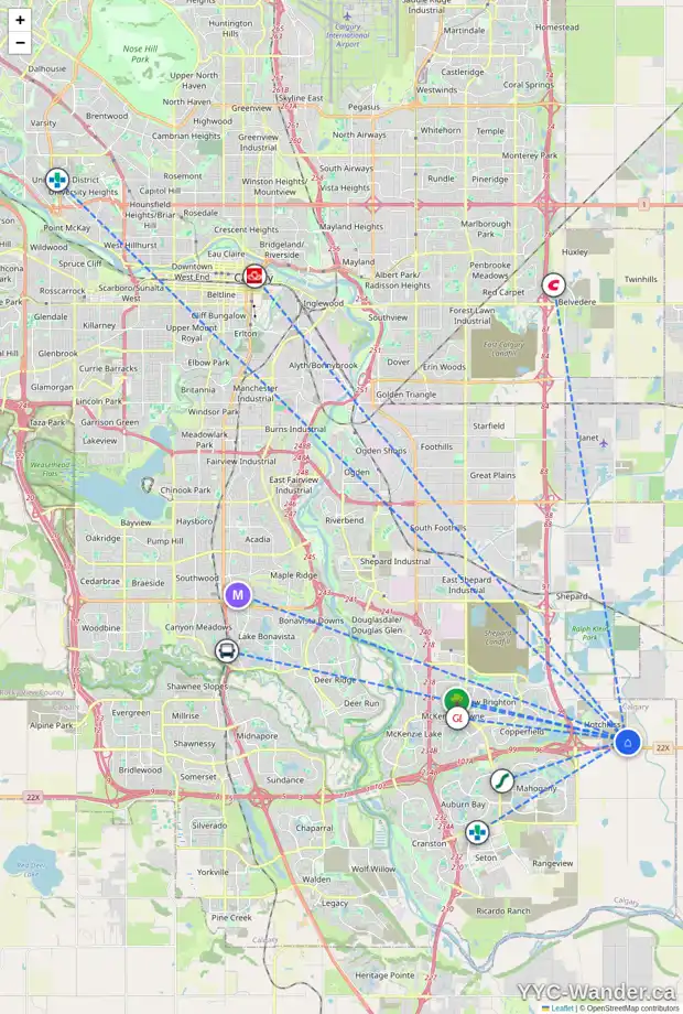 Daily accessibility map for 84 SORA TC SE, Calgary showing nearby schools, grocery stores, parks, LRT stations and nearby amenities