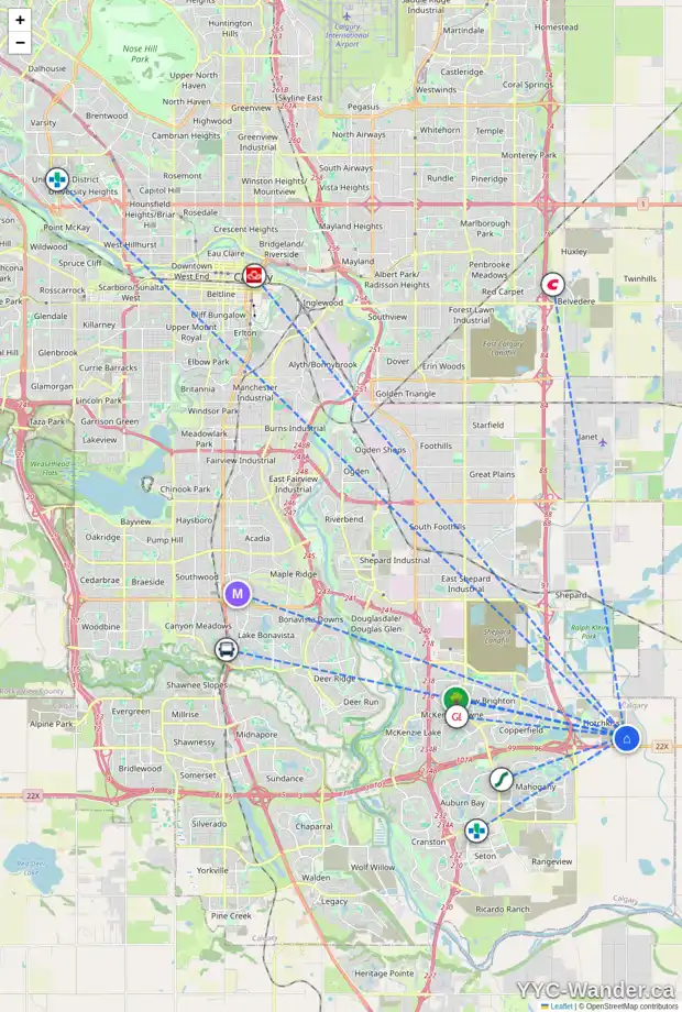 Daily accessibility map for 56 SORA TC SE, Calgary showing nearby schools, grocery stores, parks, LRT stations and nearby amenities