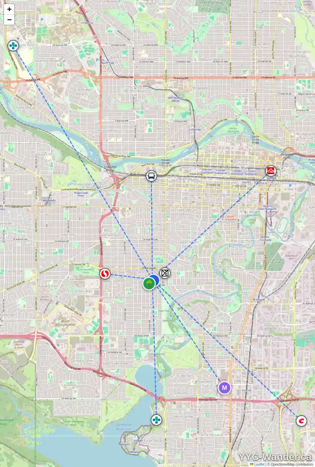 Daily accessibility map for 1 3717 15A ST SW, Calgary showing nearby schools, grocery stores, parks, LRT stations and nearby amenities