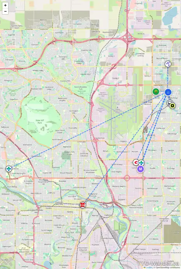 Daily accessibility map for 208 669 SAVANNA BV NE, Calgary showing nearby schools, grocery stores, parks, LRT stations and nearby amenities