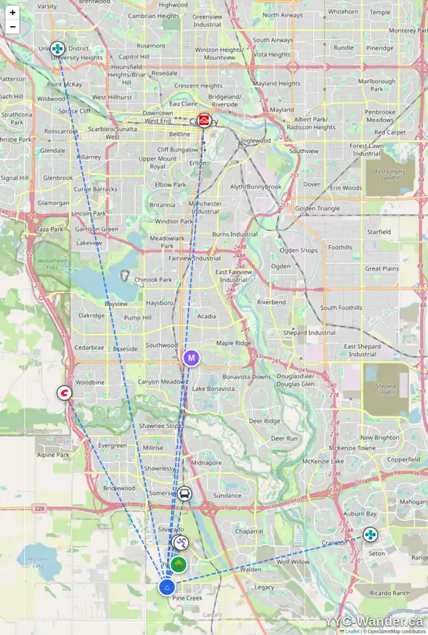 Daily accessibility map for 220 CREEKSIDE TC SW, Calgary showing nearby schools, grocery stores, parks, LRT stations and nearby amenities