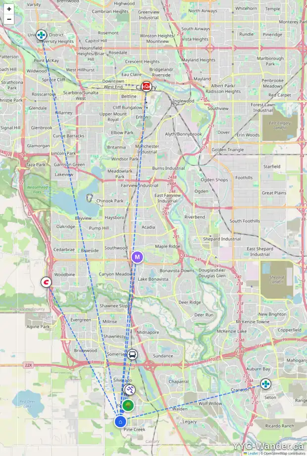 Daily accessibility map for 102 CREEKSIDE PS SW, Calgary showing nearby schools, grocery stores, parks, LRT stations and nearby amenities