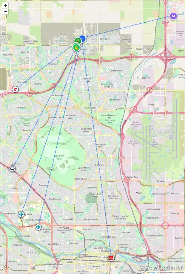 Daily accessibility map for 1960 CARRINGTON BV NW, Calgary showing nearby schools, grocery stores, parks, LRT stations and nearby amenities