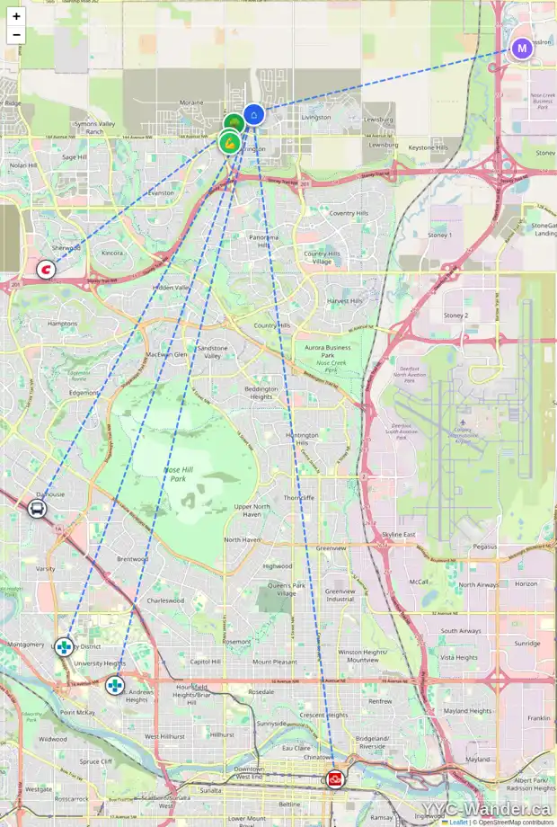 Daily accessibility map for 195 CARRINGFORD VW NW, Calgary showing nearby schools, grocery stores, parks, LRT stations and nearby amenities
