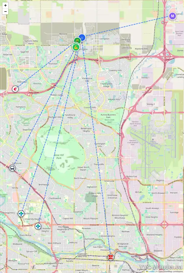 Daily accessibility map for 1996 CARRINGTON BV NW, Calgary showing nearby schools, grocery stores, parks, LRT stations and nearby amenities