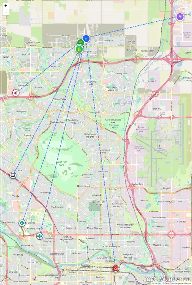 Daily accessibility map for 109 CARRINGFORD WY NW, Calgary showing nearby schools, grocery stores, parks, LRT stations and nearby amenities