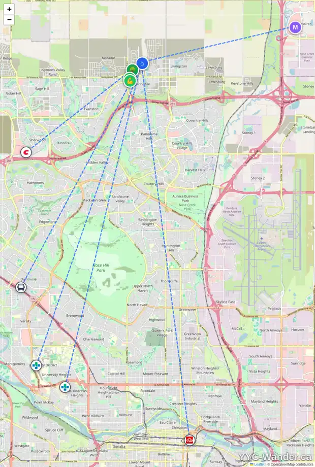 Daily accessibility map for 114 CARRINGFORD WY NW, Calgary showing nearby schools, grocery stores, parks, LRT stations and nearby amenities