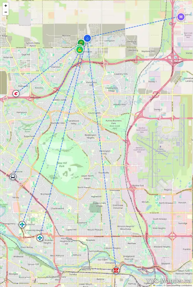 Daily accessibility map for 228 CARRINGFORD VW NW, Calgary showing nearby schools, grocery stores, parks, LRT stations and nearby amenities