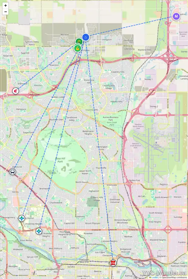 Daily accessibility map for 227 CARRINGFORD VW NW, Calgary showing nearby schools, grocery stores, parks, LRT stations and nearby amenities