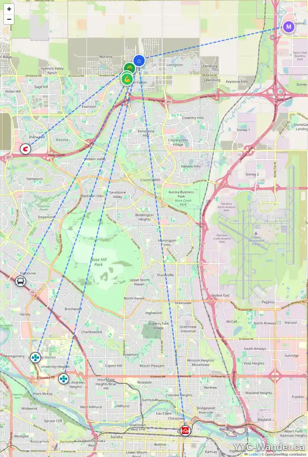 Daily accessibility map for 134 CARRINGFORD WY NW, Calgary showing nearby schools, grocery stores, parks, LRT stations and nearby amenities