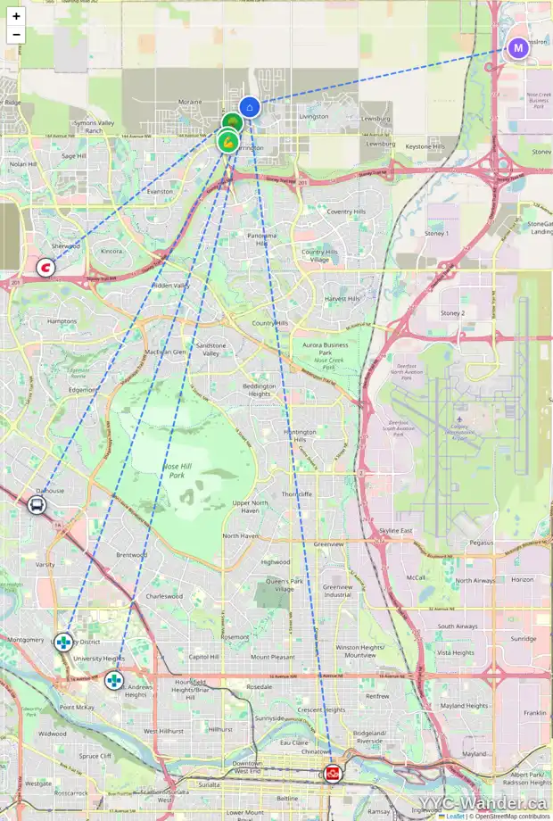 Daily accessibility map for 142 CARRINGFORD WY NW, Calgary showing nearby schools, grocery stores, parks, LRT stations and nearby amenities