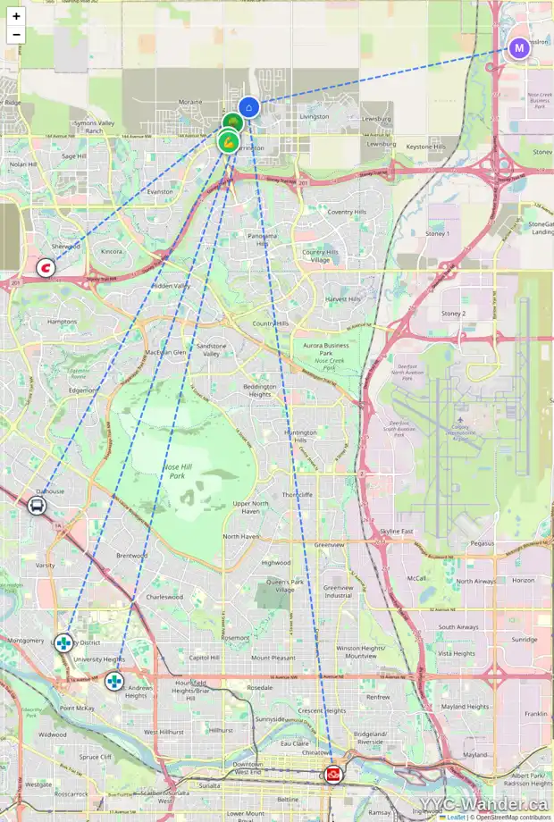 Daily accessibility map for 150 CARRINGFORD WY NW, Calgary showing nearby schools, grocery stores, parks, LRT stations and nearby amenities