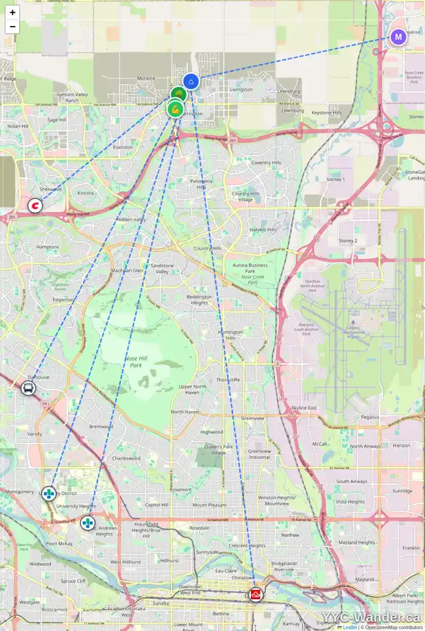 Daily accessibility map for 288 CARRINGFORD VW NW, Calgary showing nearby schools, grocery stores, parks, LRT stations and nearby amenities