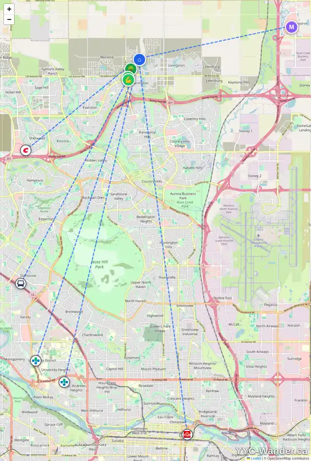 Daily accessibility map for 292 CARRINGFORD VW NW, Calgary showing nearby schools, grocery stores, parks, LRT stations and nearby amenities