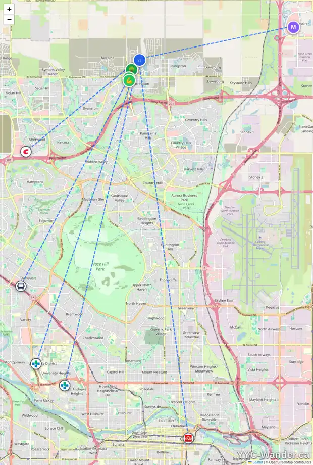 Daily accessibility map for 304 CARRINGFORD VW NW, Calgary showing nearby schools, grocery stores, parks, LRT stations and nearby amenities
