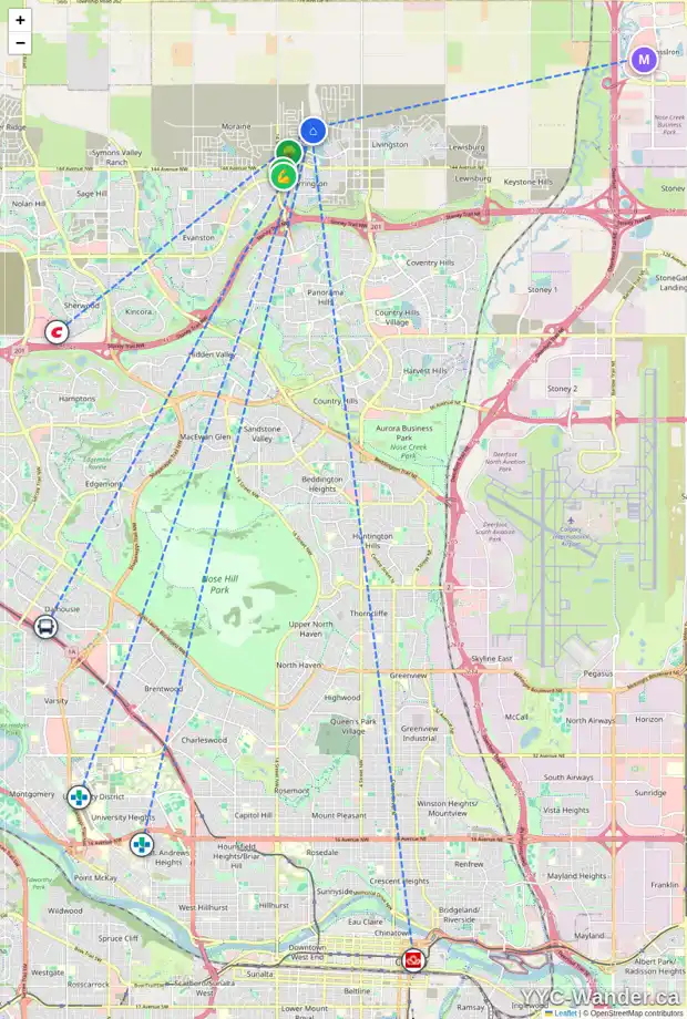 Daily accessibility map for 255 CARRINGFORD VW NW, Calgary showing nearby schools, grocery stores, parks, LRT stations and nearby amenities