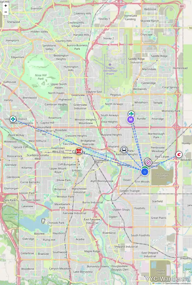 Daily accessibility map for 42 4769 HUBALTA RD SE, Calgary showing nearby schools, grocery stores, parks, LRT stations and nearby amenities