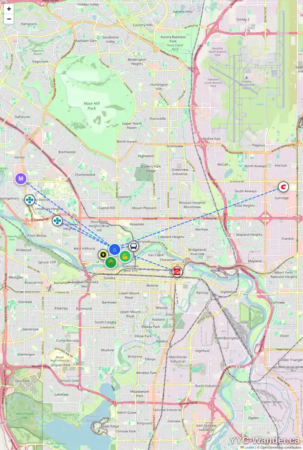 Daily accessibility map for 311 15 ST NW, Calgary showing nearby schools, grocery stores, parks, LRT stations and nearby amenities