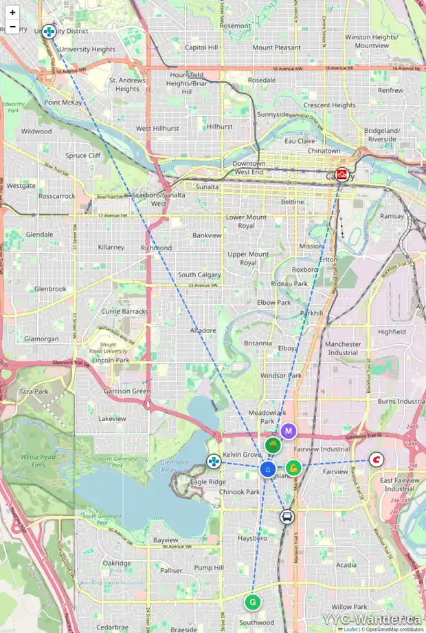Daily accessibility map for 30 KENDALL PL SW, Calgary showing nearby schools, grocery stores, parks, LRT stations and nearby amenities
